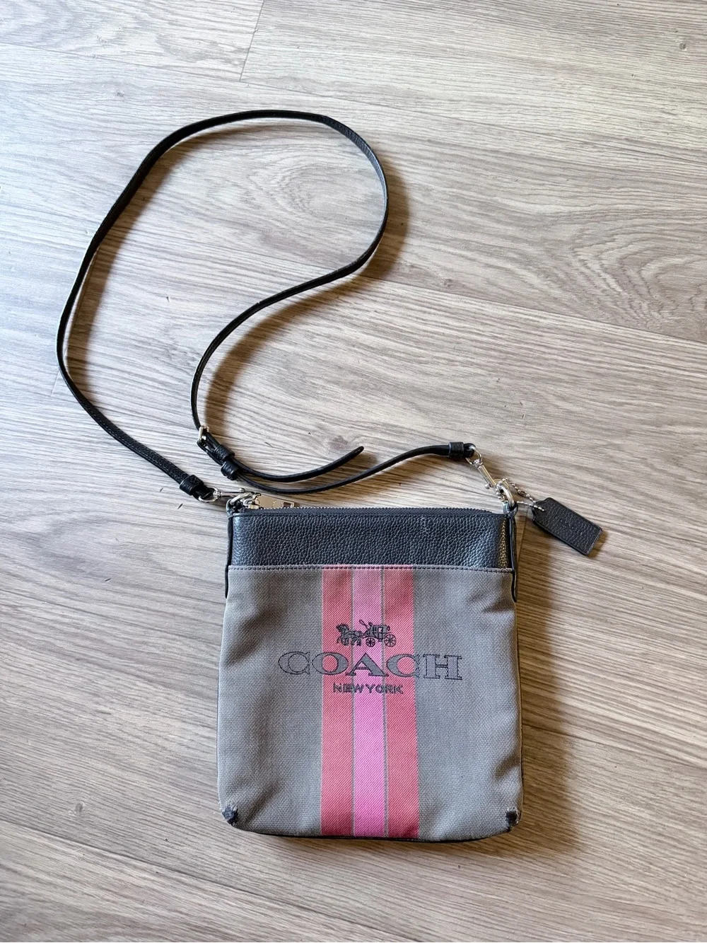 Coach New York Gray & Pink Stripe Canvas Crossbody Bag Authentic